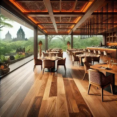 Restoran Abhayagiri Prambanan Yang Asri Dengan Flooring Kayu Premium
